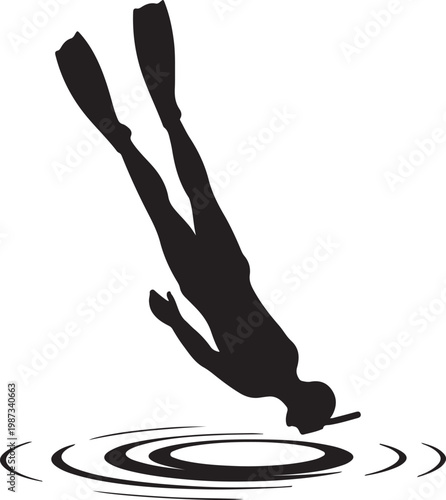 Snorkeler Surface Dive down in sea beach, flat black vector illustration