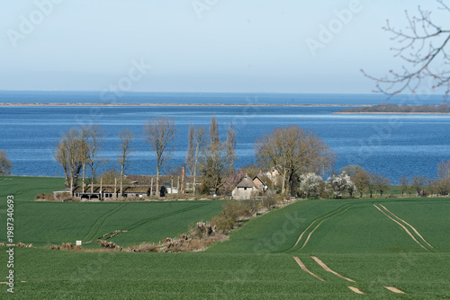 Coastal landscape with green fields and Baltic Sea