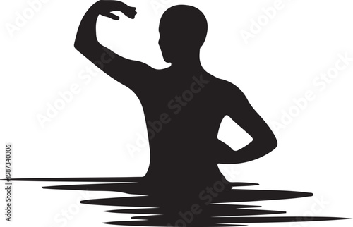 Tai Chi yoga on beach by the Shore Flowing arm movements, flat black vector illustration