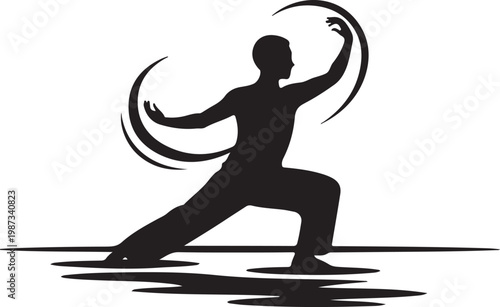 Tai Chi yoga exercise on seaa beach by the Shore, flat black vector illustrationeps