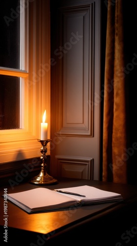 A warm candlelit scene featuring a blank notebook resting on a dark table near a window