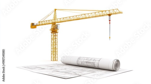 Yellow crane above unrolled blueprints on white. Construction concept. Illustration