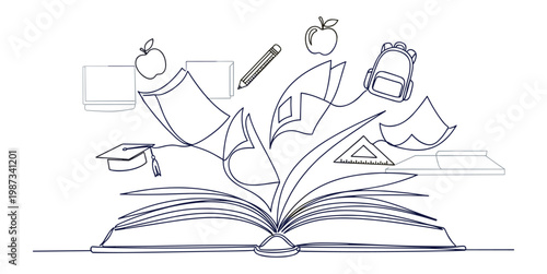 Open book line art with school supplies and academic icons flying out for education.