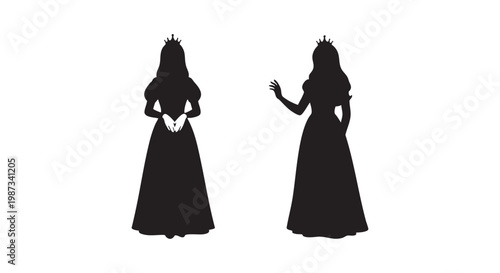 Elegant princess silhouette wearing royal crown and long ball gown dress for fairy tale fantasy concept design elements.