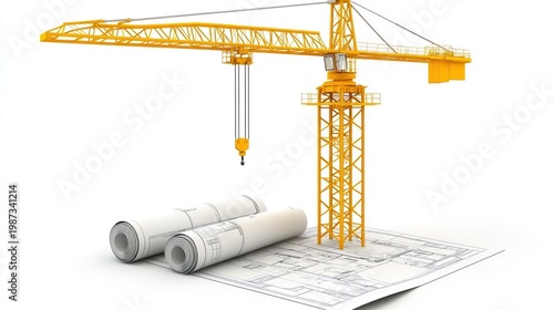 Yellow crane atop blueprint with rolled plans, on a white background, angled view