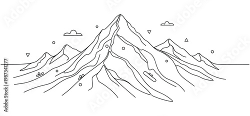 Mountain range line drawing showing peaks and clouds in minimalist landscape style.