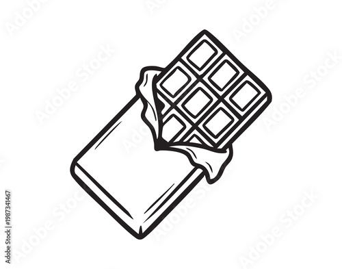 Chocolate treat experience. Rich cocoa pieces with rustic wrapper presentation. Partially exposed chocolate bar revealing sumptuous cocoa pieces and rugged wrapping for gourmet tasting moments