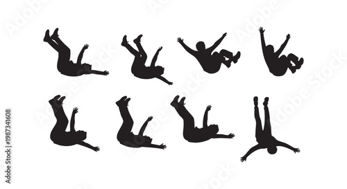 Falling person silhouettes in mid air showing different body positions and tumbling motions for conceptual action designs.