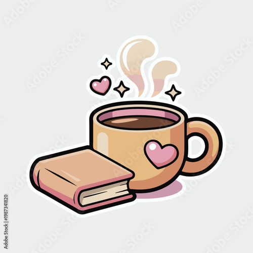 A cute cartoon illustration featuring a steaming coffee mug and book