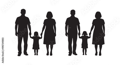 Family silhouettes holding hands together representing unity and love with parents and children standing in row sequence.