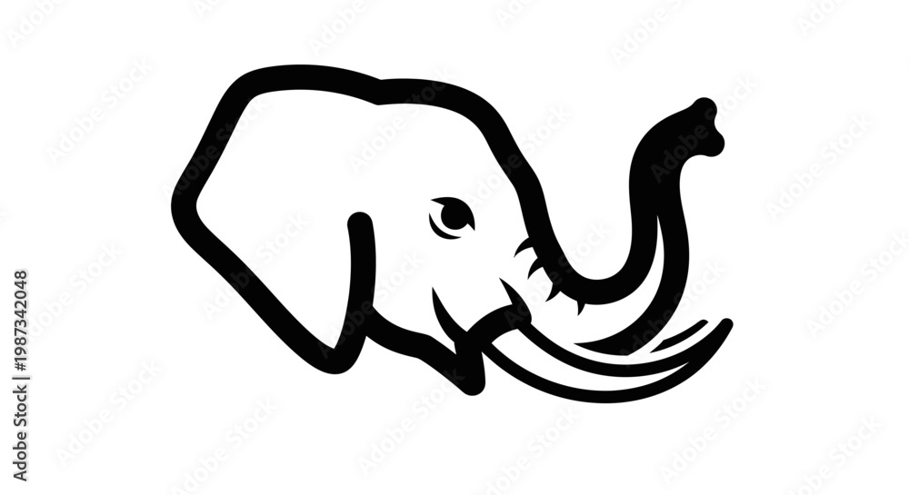Fototapeta premium A simple black and white outline drawing of an elephant's head with a prominent trunk and tusks, facing right.