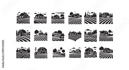 Farm landscape icons set with barns houses and plowed fields rural countryside agriculture symbols monochrome illustrations.