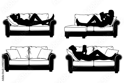 Person Relaxing on Sofa Silhouette Vector Set | Comfortable Home Leisure Lifestyle Figures Collection