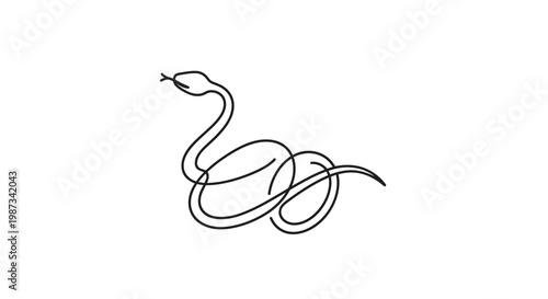 A minimalist continuous line art drawing of a coiled snake with its head raised and tongue flicking.