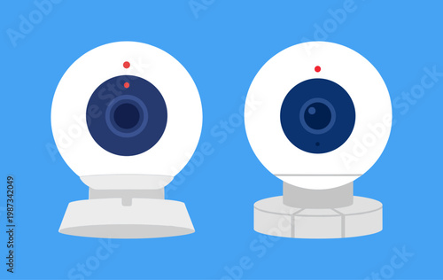 Smart Webcam Devices Set for Video Calling and Live Streaming, Digital Camera with Lens and Stand Isolated on Blue Background, Communication Vector