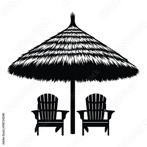 Two adirondack chairs under a thatched umbrella