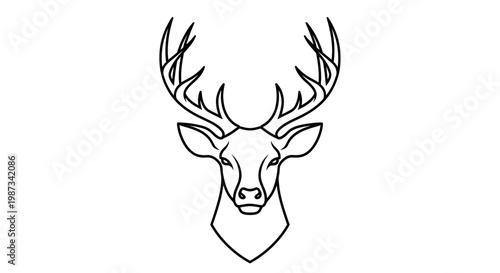 Stylized black and white line art illustration of a deer head with large antlers facing forward.