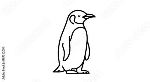A simple line art illustration of a standing penguin with its eyes closed, depicted in a minimalist style.