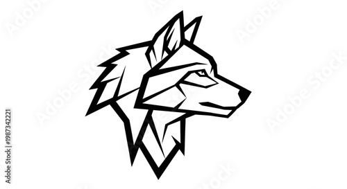 Geometric black and white line art illustration of a wolf head in profile, facing right, with sharp angles and a modern, stylized design.