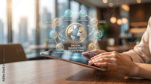 Tablet displaying global digital marketing ecosystem virtual interface