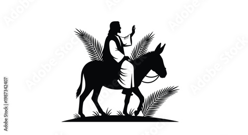 Jesus on a donkey entering jerusalem depicted in a striking silhouette