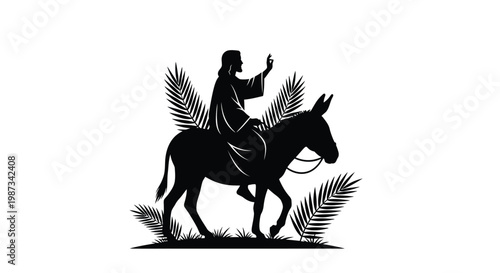 Jesus enters jerusalem on a donkey depicted in a striking silhouette