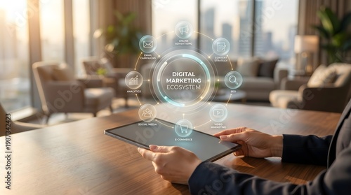 Digital marketing ecosystem concept projected from a tablet in office