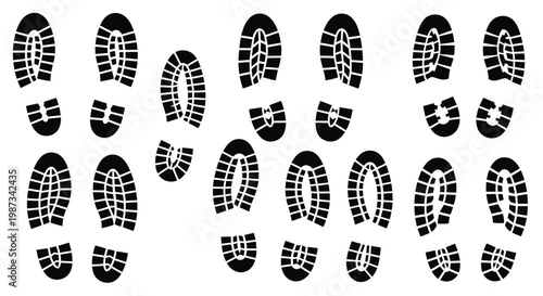 Collection of various shoe sole prints arranged on a white background silhouette