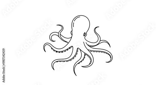 Simple black and white line art illustration of an octopus with eight tentacles, isolated on a white background, depicting a marine creature.