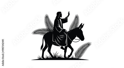 Jesus christ riding a donkey with palm leaves a striking silhouette
