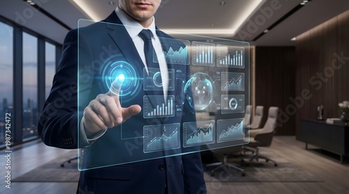 Businessman analyzing financial data charts on futuristic virtual screen