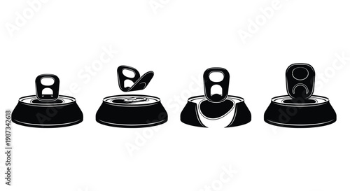 Four stages of a sardine can opening depicted in black silhouette
