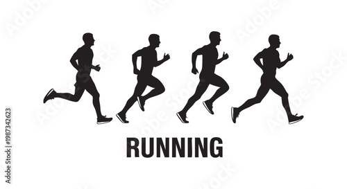 Four male runners in silhouette, captured in mid stride for active lifestyle and athletic event promotion.