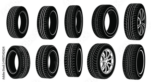 Collection of tires with varied tread patterns presented in black silhouette