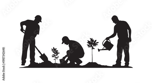 Gardeners planting trees in garden silhouette black and white illustration outdoor seasonal manual work environmental care.