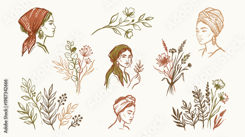 Bohemian floral illustrations and portraits of women with headscarves and natural elements in earthy tones