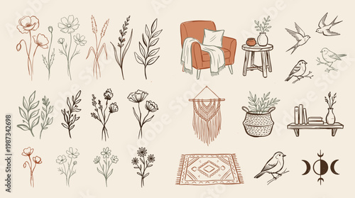 Bohemian botanical illustrations and cozy home decor elements, hand-drawn floral sketches and decorative objects for lifestyle design