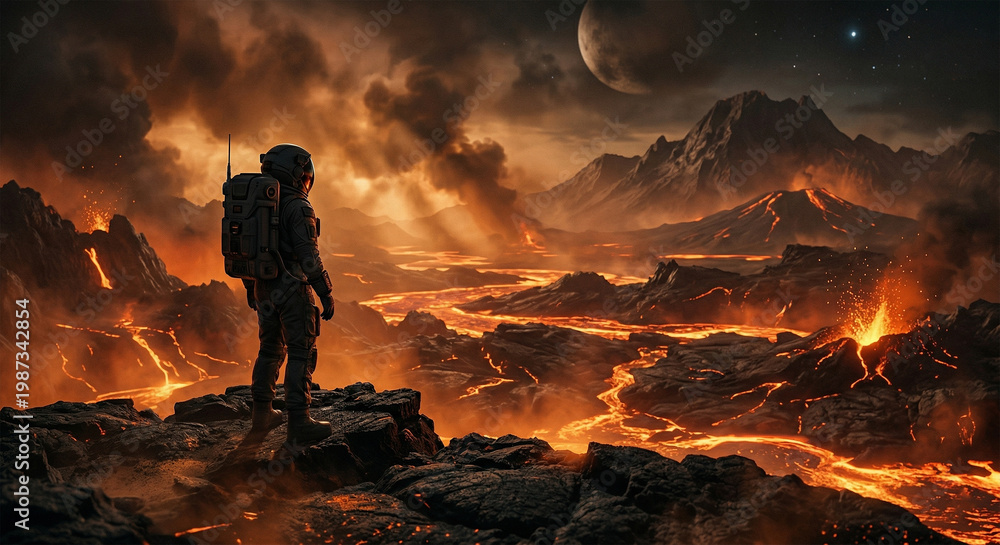 Obraz premium Astronaut exploring a dangerous volcanic alien planet with flowing lava
