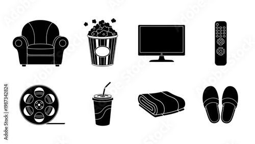 Collection of home entertainment and movie night icons, including a cozy armchair, popcorn, television, remote, film reel, drink, blanket, and slippers, perfect for leisure and relaxation themes