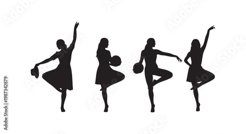 Graceful female dancer silhouettes in various poses with hats for theatrical performance vector illustration art set.