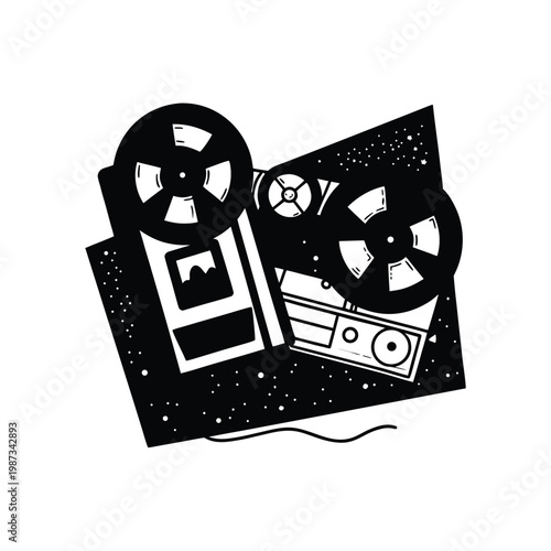 Retro reel-to-reel tape recorder and photo with grainy texture effect