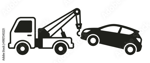 Monochrome vector icon depicting a tow truck lifting a broken car. Ideal for roadside assistance, vehicle repair services, and transportation websites.