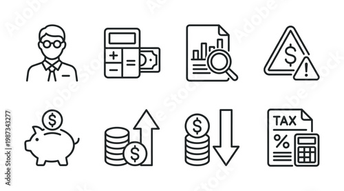 A comprehensive set of financial line icons: accountant, calculator, documents, savings, investments, tax management, and risk. Ideal for business and banking visuals.