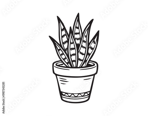 Handdrawn potted plant in decorative pot. Detailed leaf texture and tribal pattern on pot, indoor decor focus, promotes wellness and airpurifying plant concept for home and office lifestyle imagery.