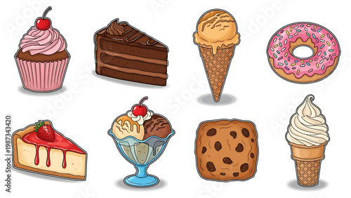 A vibrant and diverse collection of delicious sweet treats, including cupcakes, cake slices, ice cream cones, donuts, pie, and cookies, perfect for any dessert lover's delight