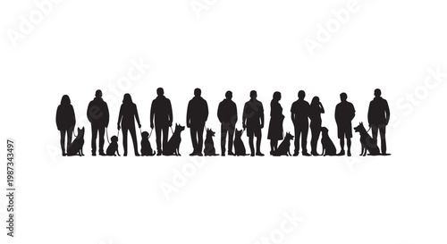 Group of people walking dogs silhouette set with owners and pets isolated on white background depicting diverse dog breeds.