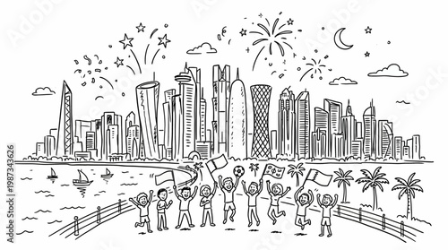 Doha Skyline Celebration with Fireworks and Excited People