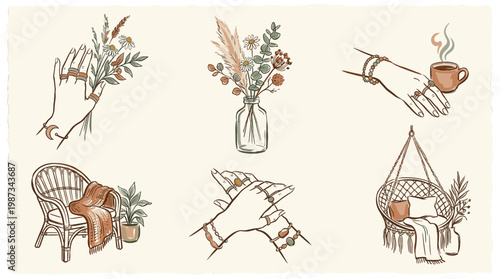 Bohemian lifestyle illustrations featuring hands jewelry flowers cozy armchair hanging chair and hot drink for boho decor and wellness concepts
