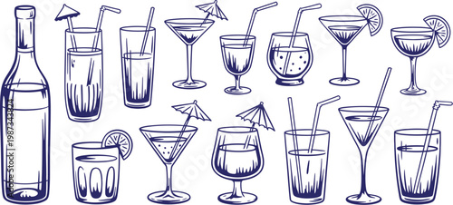 hand drawn glass bottles and cocktail drinks icon set, vector illustration, wine bottles, glasses, cocktails, bar elements, restaurant beverage collection, sketch style.