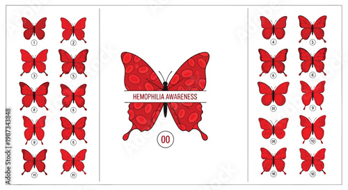 Red butterflies with numbers for hemophilia awareness isolated on white background